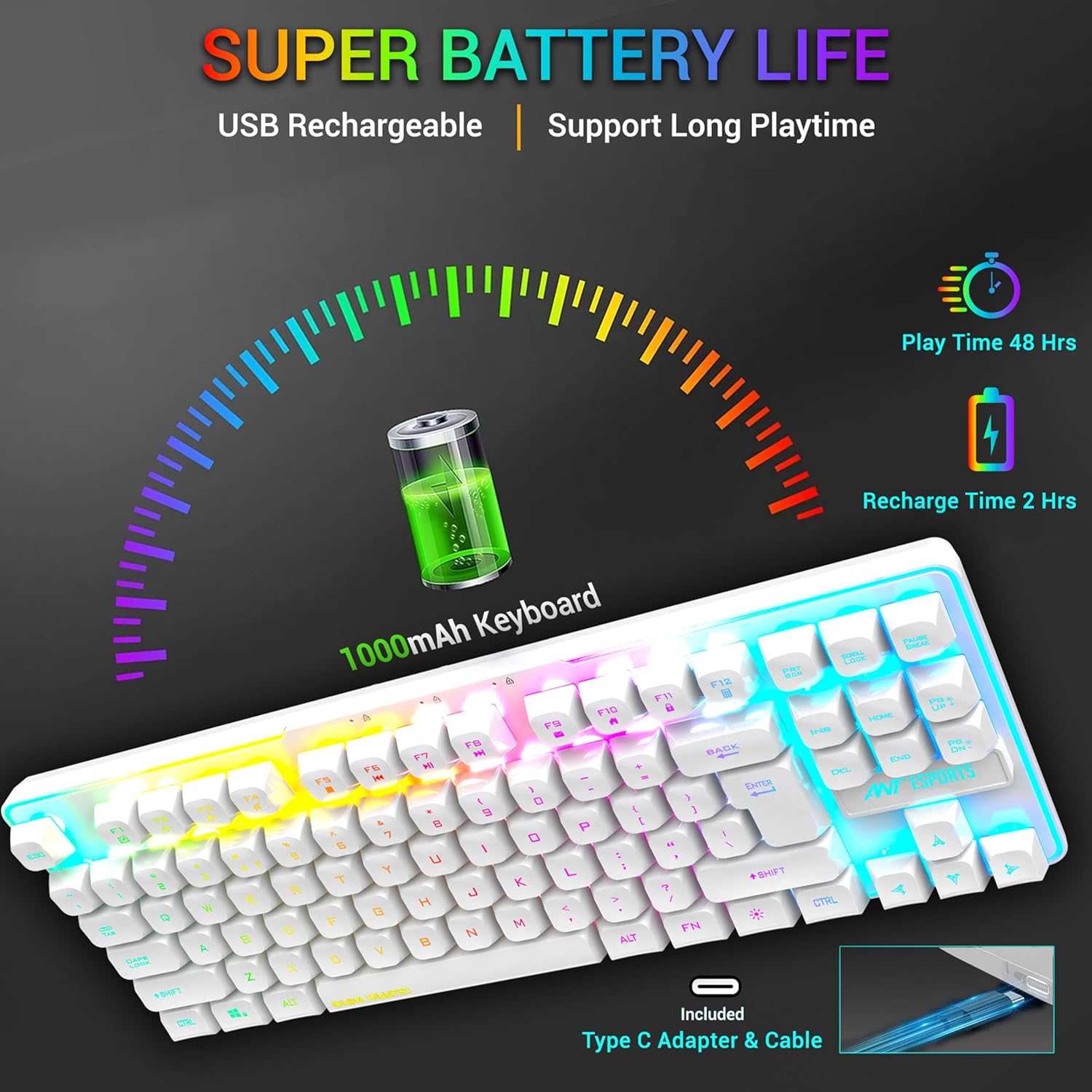Ant Esports MK720 Pro V2 Membrane Wireless White Gaming Keyboard ( AEPP0275 ) - Image 6