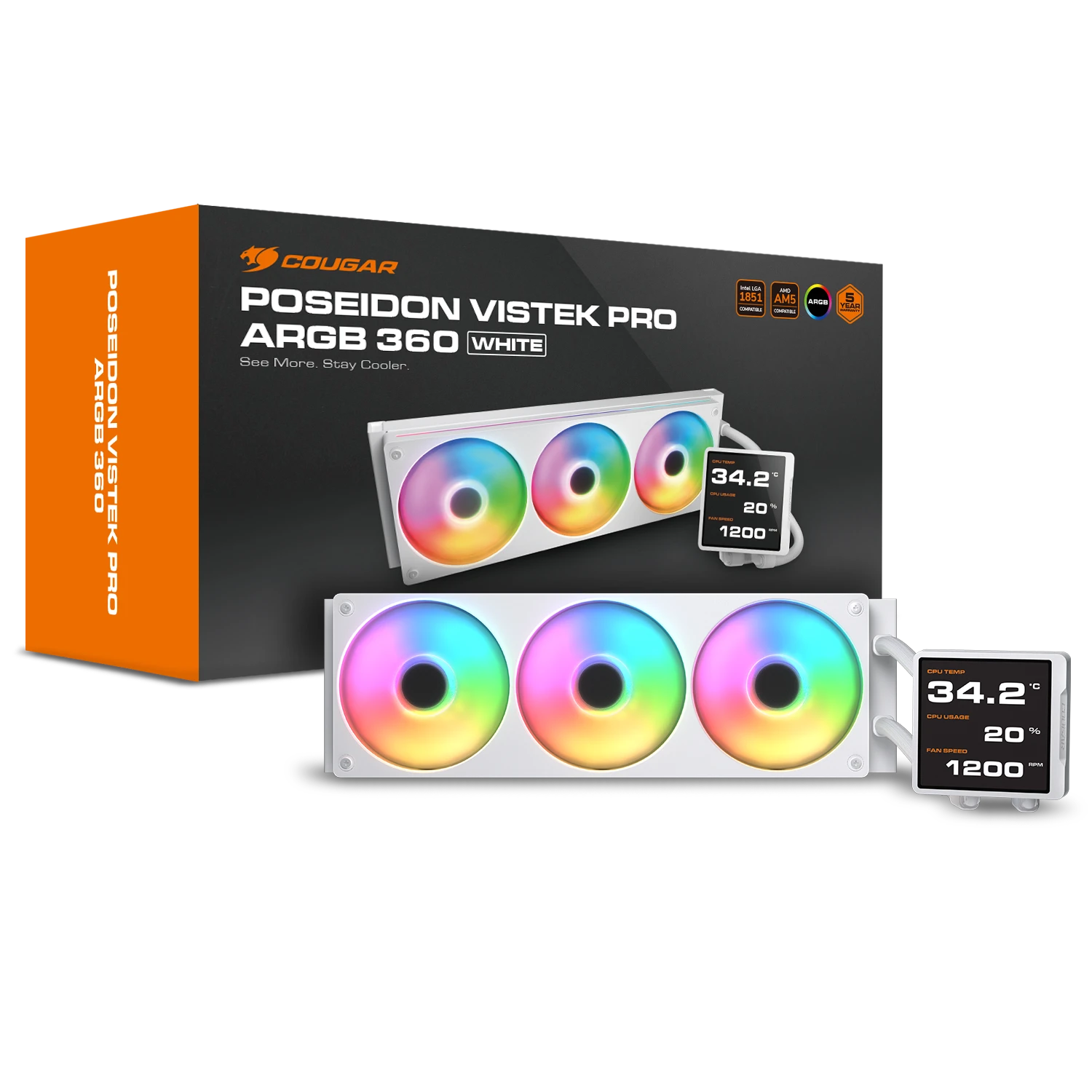Cougar Poseidon Vistek Pro ARGB 360 White CPU Liquid Cooler With Supersized 3.95-inch IPS TFT LCD Display ( CGR-PSDVPRGB-W-360 ) - Image 5