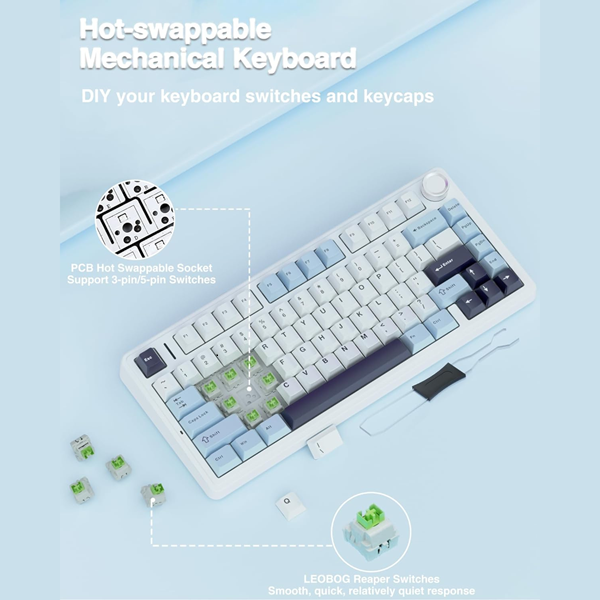 Aula F75 75% Wireless Trio Mode Mechanical Reaper Switch Ice Blue Gaming Keyboard With Knob & RGB Switchable Lighting Effects ( F75IUR ) - Image 5