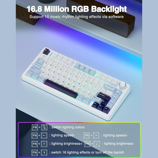 Aula F75 75% Wireless Trio Mode Mechanical Reaper Switch Ice Blue Gaming Keyboard With Knob & RGB Switchable Lighting Effects ( F75IUR ) - Image 6