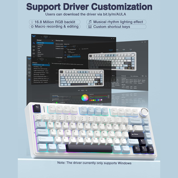 Aula F75 75% Wireless Trio Mode Mechanical Reaper Switch Ice Blue Gaming Keyboard With Knob & RGB Switchable Lighting Effects ( F75IUR ) - Image 7