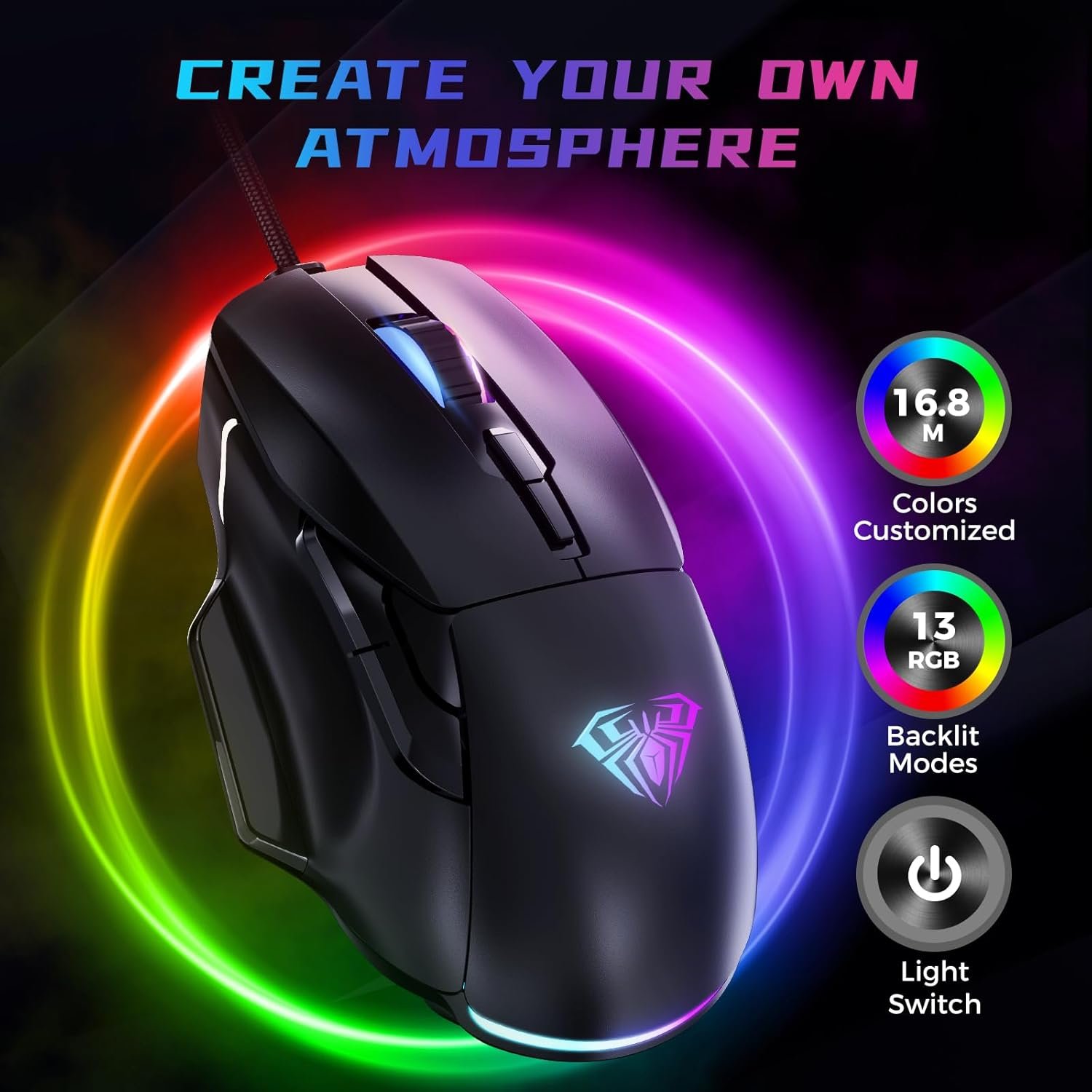 Aula F815 RGB Wired 12800 DPI 6 Programmable Buttons Black Gaming Mouse ( F815B) - Image 2