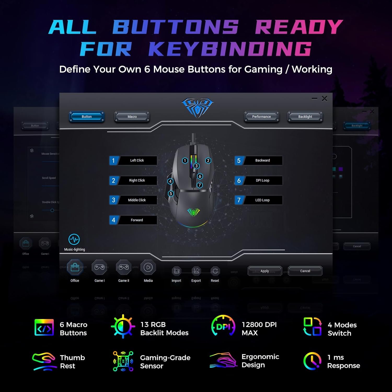 Aula F815 RGB Wired 12800 DPI 6 Programmable Buttons Black Gaming Mouse ( F815B) - Image 7