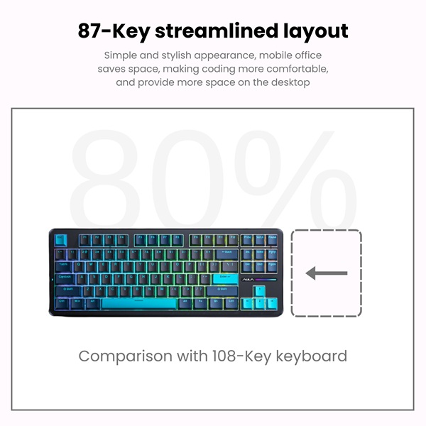 Aula F87 Wireless Tri Mode 2.4GHz/Type-C/BT RGB Mechanical Graywood V4 Switch Blue+Black+Cyan Gaming Keyboard (F87CW) - Image 2