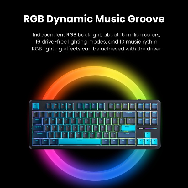 Aula F87 Wireless Tri Mode 2.4GHz/Type-C/BT RGB Mechanical Graywood V4 Switch Blue+Black+Cyan Gaming Keyboard (F87CW) - Image 8