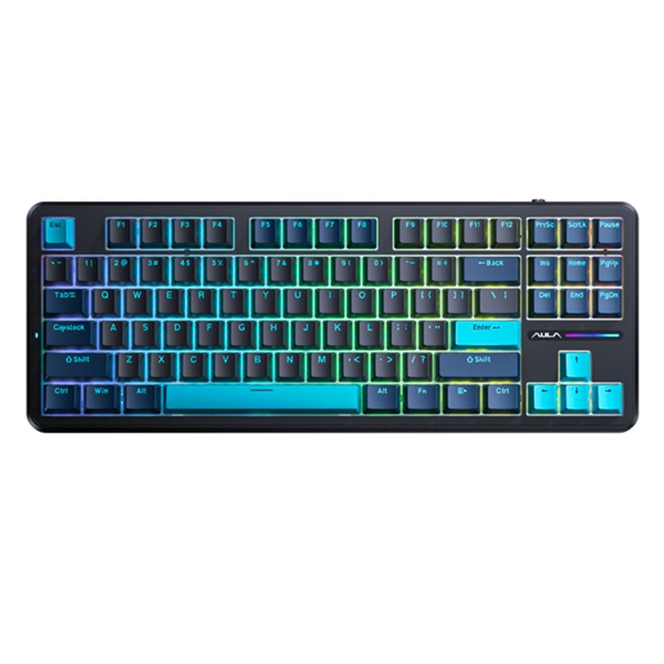 Aula F87 Wireless Tri Mode 2.4GHz/Type-C/BT RGB Mechanical Graywood V4 Switch Blue+Black+Cyan Gaming Keyboard (F87CW)