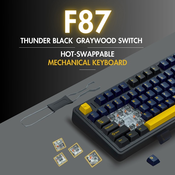 Aula F87 Wireless Tri Mode 2.4GHz/Type-C/BT RGB Mechanical Graywood Switch Thunder Black Gaming Keyboard (F87TBW) - Image 2