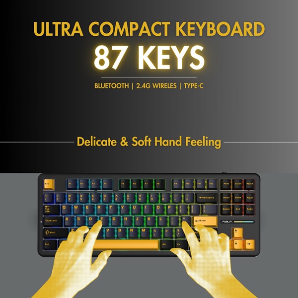 Aula F87 Wireless Tri Mode 2.4GHz/Type-C/BT RGB Mechanical Graywood Switch Thunder Black Gaming Keyboard (F87TBW) - Image 4