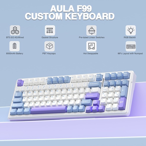 Aula F99 Tri-Mode Wireless 2.4G/Wired/BT Hot Swappable RGB Full Size Mechanical Blue White Gaming Keyboard With Mechanical Crescent Switch (F99UWCr) - Image 2