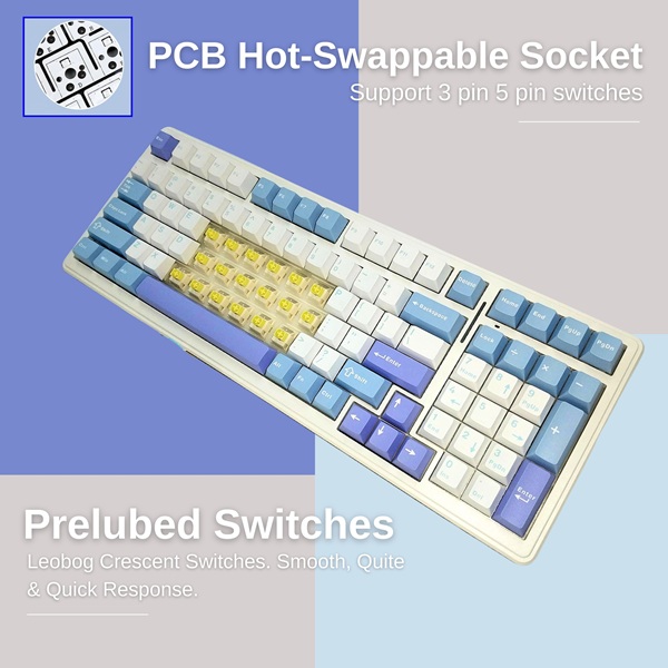 Aula F99 Tri-Mode Wireless 2.4G/Wired/BT Hot Swappable RGB Full Size Mechanical Blue White Gaming Keyboard With Mechanical Crescent Switch (F99UWCr) - Image 4
