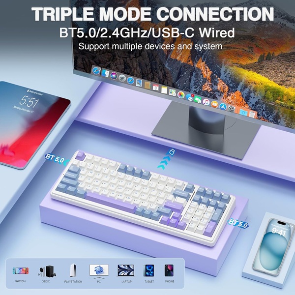 Aula F99 Tri-Mode Wireless 2.4G/Wired/BT Hot Swappable RGB Full Size Mechanical Graywood Switch Blue White Gaming Keyboard With RGB Switchable Lighting Effects (F99UWW) - Image 3