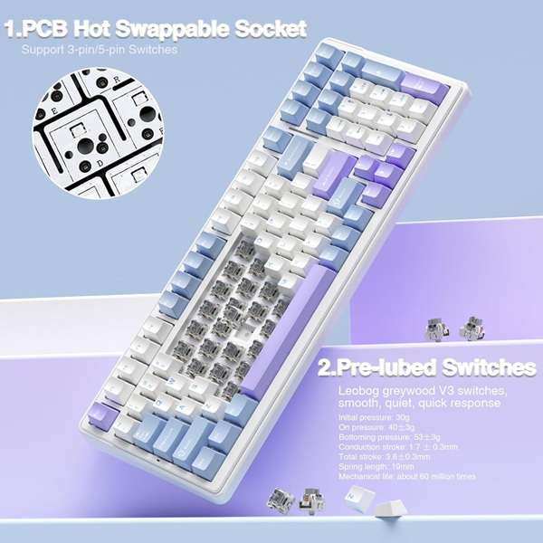 Aula F99 Tri-Mode Wireless 2.4G/Wired/BT Hot Swappable RGB Full Size Mechanical Graywood Switch Blue White Gaming Keyboard With RGB Switchable Lighting Effects (F99UWW) - Image 5