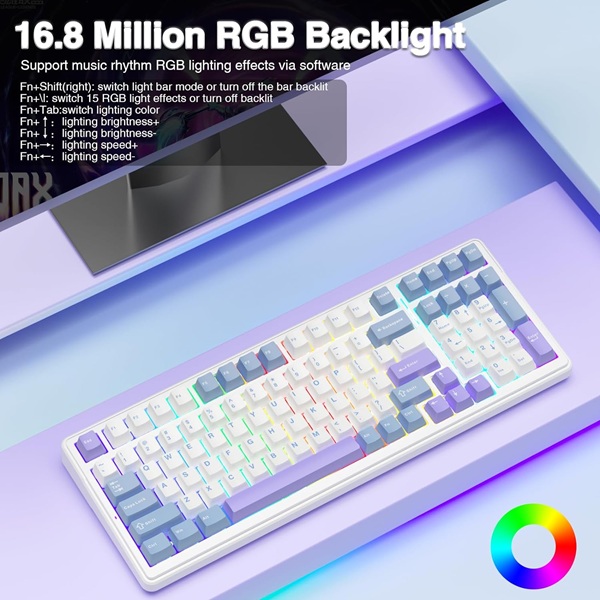 Aula F99 Tri-Mode Wireless 2.4G/Wired/BT Hot Swappable RGB Full Size Mechanical Graywood Switch Blue White Gaming Keyboard With RGB Switchable Lighting Effects (F99UWW) - Image 6