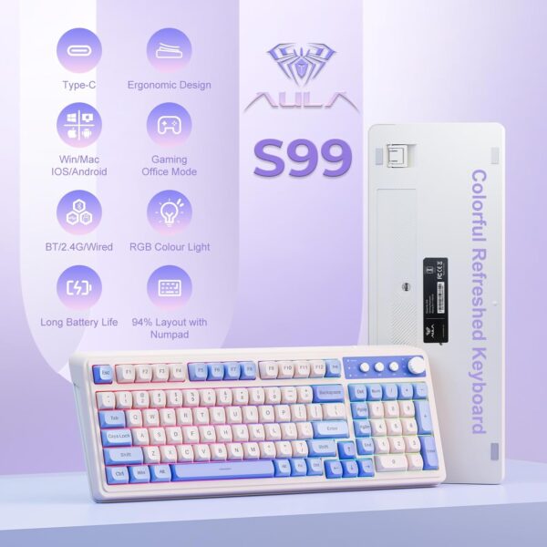 Aula S99 Blue+White Tri-Mode 2.4G, BT, Wired Programmable Full Size Membrane Gaming Keyboard (S99UW) - Image 2