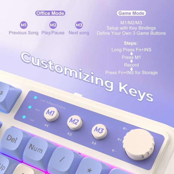 Aula S99 Blue+White Tri-Mode 2.4G, BT, Wired Programmable Full Size Membrane Gaming Keyboard (S99UW) - Image 3