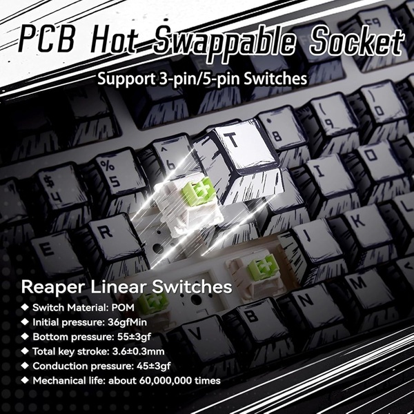 Aula F75 75% Wireless Trio Mode RGB Comic Keycap Reaper Switch Mechanical Gaming Keyboard With Knob ( F75CKR ) - Image 7