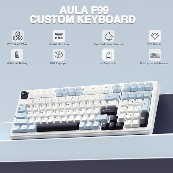 Aula F99 Tri-Mode (2.4G/Wired/BT) Hot Swappable RGB Wireless Full Size Ice Blue Mechanical Gaming Keyboard With Reaper Switch ( F99IUR ) - Image 3
