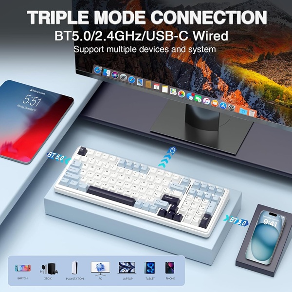 Aula F99 Tri-Mode (2.4G/Wired/BT) Hot Swappable RGB Wireless Full Size Ice Blue Mechanical Gaming Keyboard With Reaper Switch ( F99IUR ) - Image 4