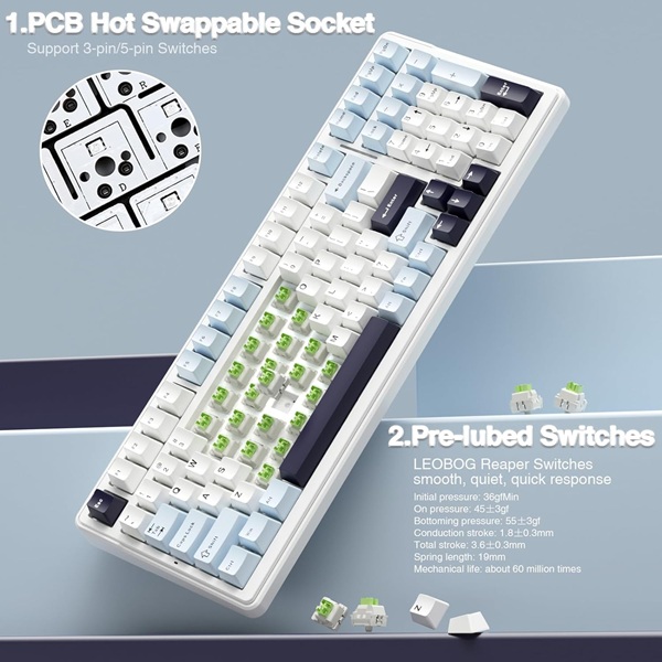 Aula F99 Tri-Mode (2.4G/Wired/BT) Hot Swappable RGB Wireless Full Size Ice Blue Mechanical Gaming Keyboard With Reaper Switch ( F99IUR ) - Image 6