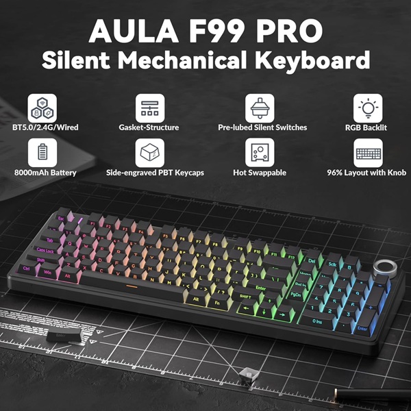 Aula F99 Pro 96% Side-Engraved Keycaps Tri-Mode RGB Wireless Full Size Gradient Gray Nimbus Switch Mechanical Gaming Keyboard With Knob ( F99ProGrN ) - Image 3