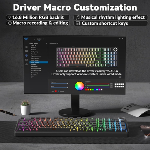 Aula F99 Pro 96% Side-Engraved Keycaps Tri-Mode RGB Wireless Full Size Gradient Gray Nimbus Switch Mechanical Gaming Keyboard With Knob ( F99ProGrN ) - Image 6