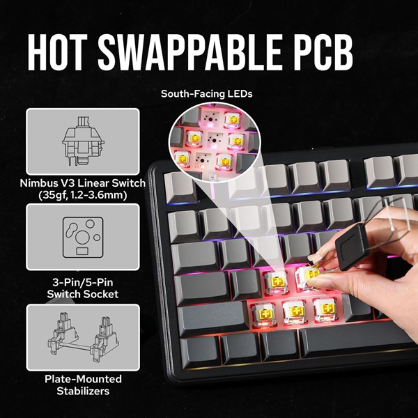 Aula F99 Pro 96% Side-Engraved Keycaps Tri-Mode RGB Wireless Full Size Gradient Gray Nimbus Switch Mechanical Gaming Keyboard With Knob ( F99ProGrN ) - Image 9