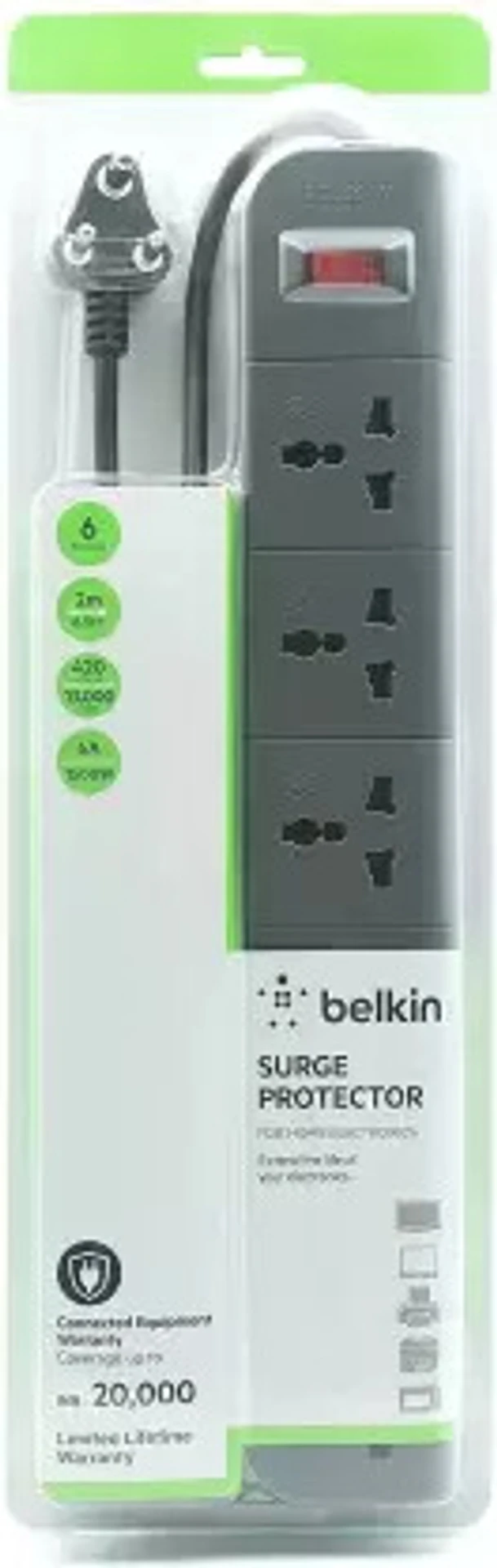 Belkin Economy Series F9E600zb2M-GRY 6-Socket Surge Protector Grey Extension Board - Image 3