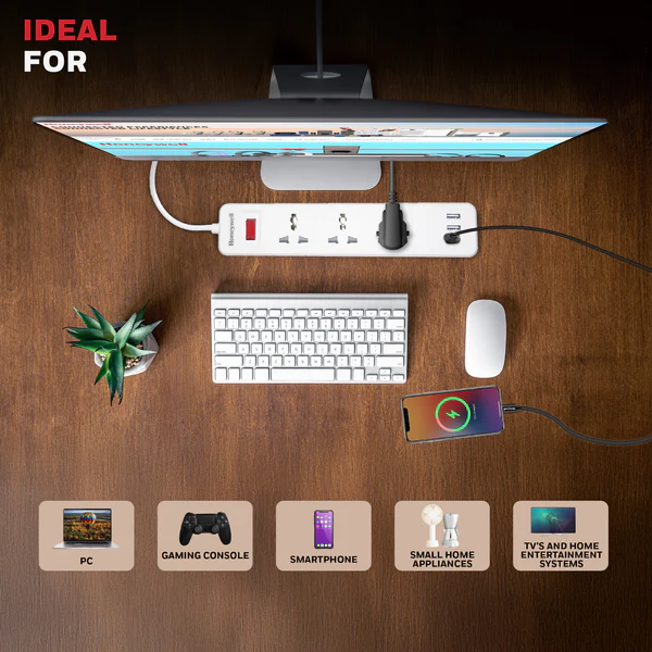 Honeywell HC000002/EXT/2M/WHT/3/2U/1C 3 Outlet White Extension Board With 1 Type C & 2 USB - Image 3