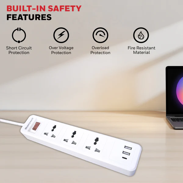 Honeywell HC000002/EXT/2M/WHT/3/2U/1C 3 Outlet White Extension Board With 1 Type C & 2 USB - Image 5