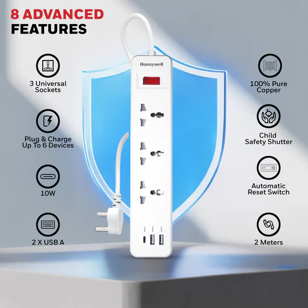Honeywell HC000002/EXT/2M/WHT/3/2U/1C 3 Outlet White Extension Board With 1 Type C & 2 USB - Image 6