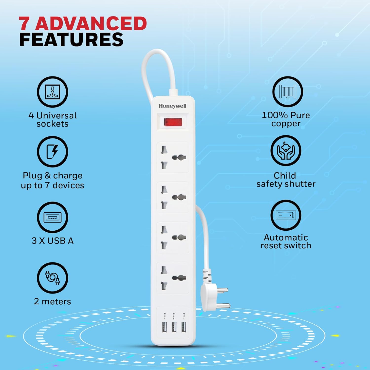 Honeywell HC000004/EXT/2M/WHT/4/3U 4 Outlet White Extension Board With 3 USB - Image 8