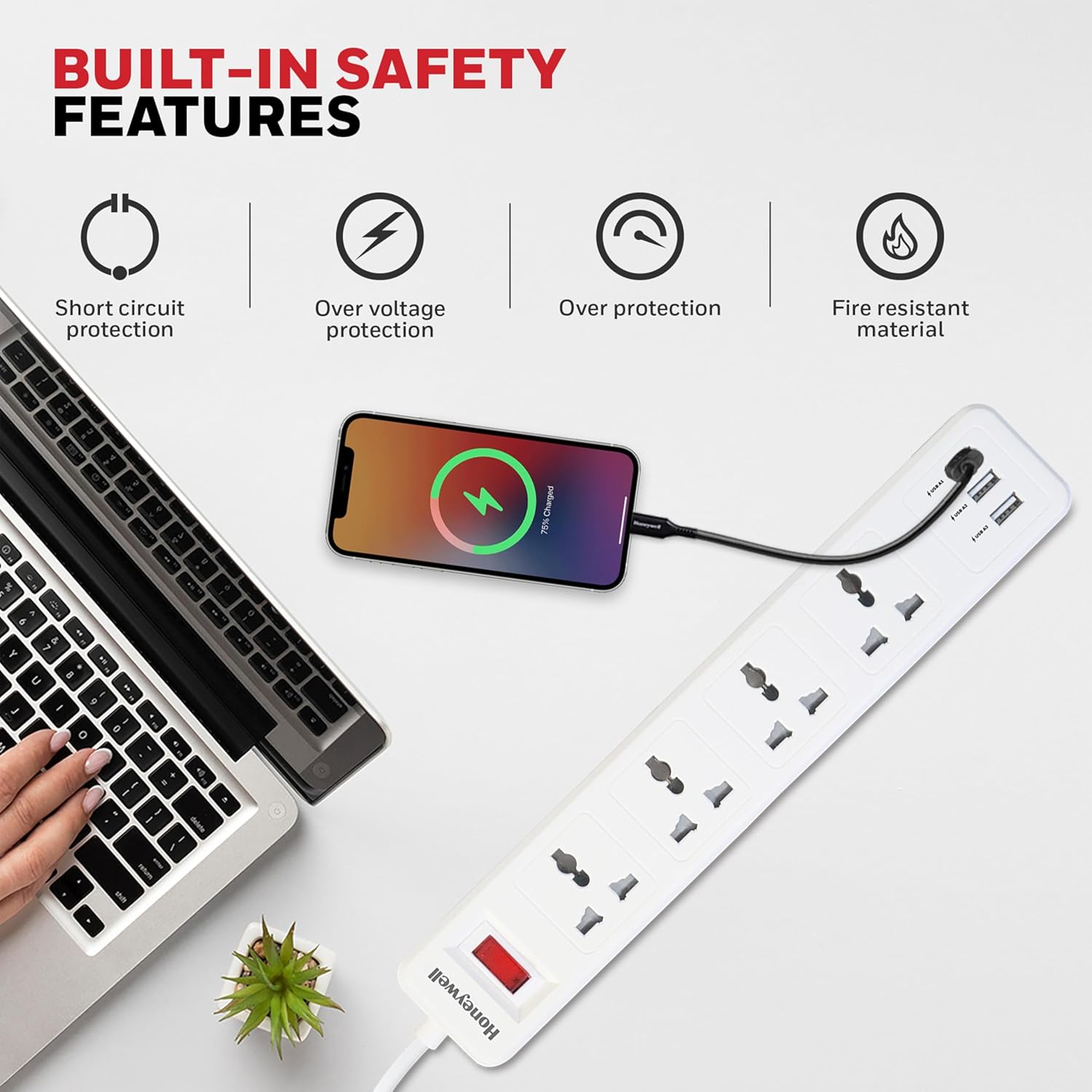 Honeywell HC000004/EXT/2M/WHT/4/3U 4 Outlet White Extension Board With 3 USB - Image 6