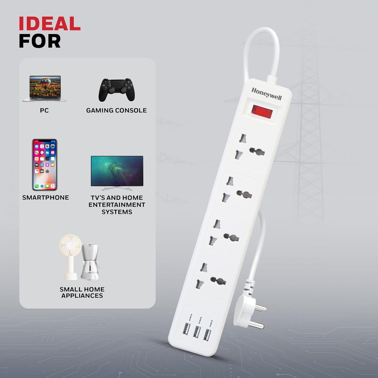 Honeywell HC000004/EXT/2M/WHT/4/3U 4 Outlet White Extension Board With 3 USB - Image 5