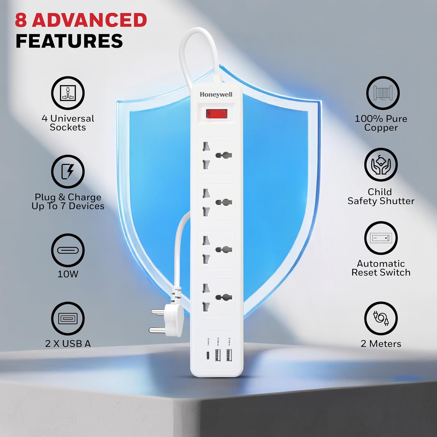 Honeywell HC000005/EXT/2M/WHT/4/2U/1C 4 Outlet Extension Board With 1 Type C & 2 USB - Image 8