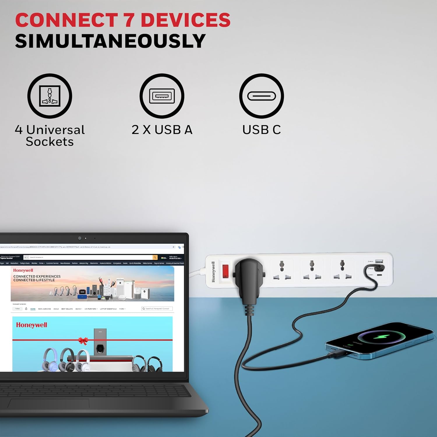 Honeywell HC000005/EXT/2M/WHT/4/2U/1C 4 Outlet Extension Board With 1 Type C & 2 USB - Image 6