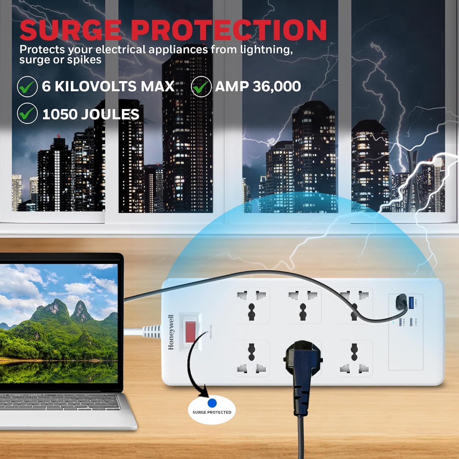 Honeywell HC000050/SRG/1.8M/WHT/6/2U/PD25W 6 Outlet Surge Protector White Extension Board With 2xType C With PD & 2xUSB - Image 2