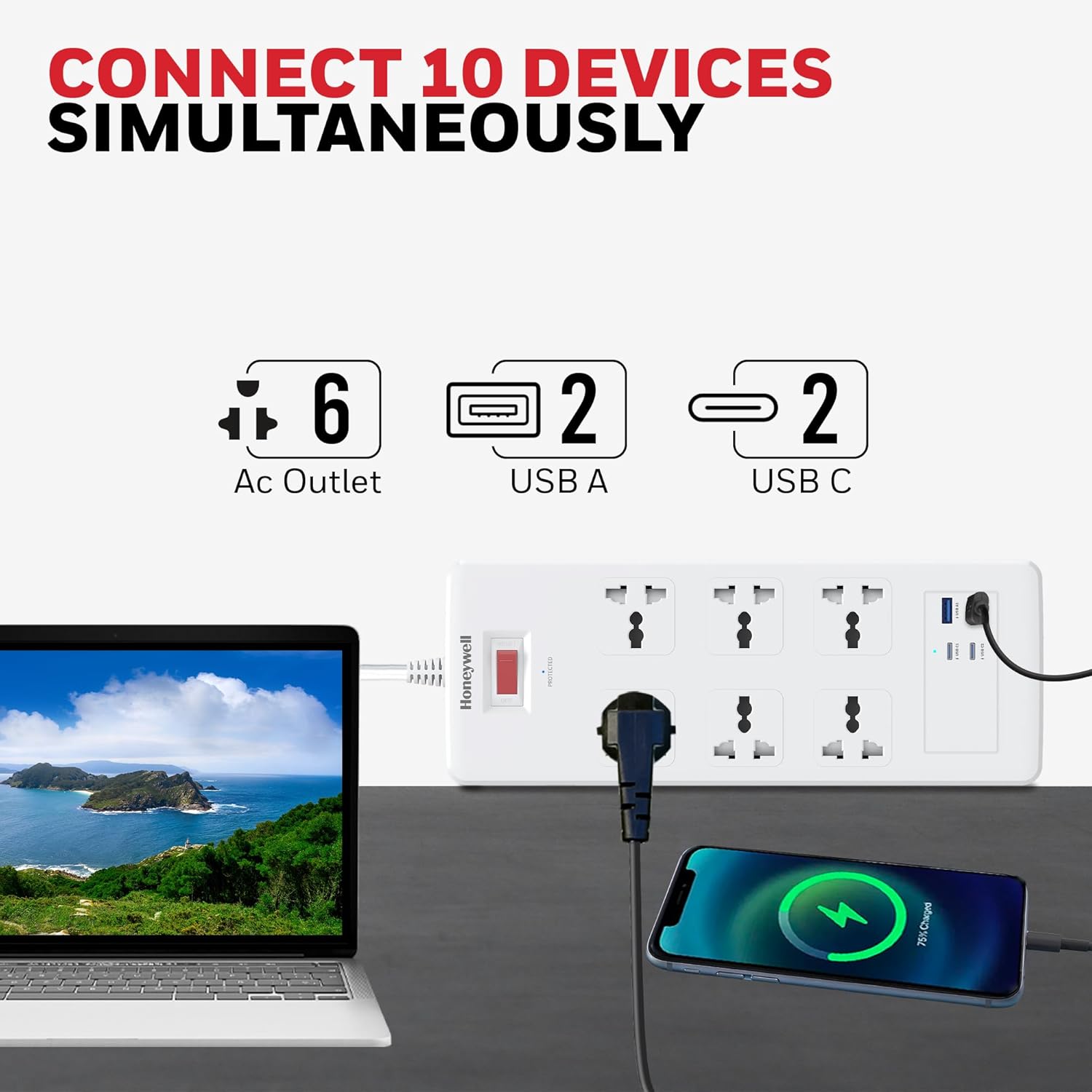 Honeywell HC000050/SRG/1.8M/WHT/6/2U/PD25W 6 Outlet Surge Protector White Extension Board With 2xType C With PD & 2xUSB - Image 3
