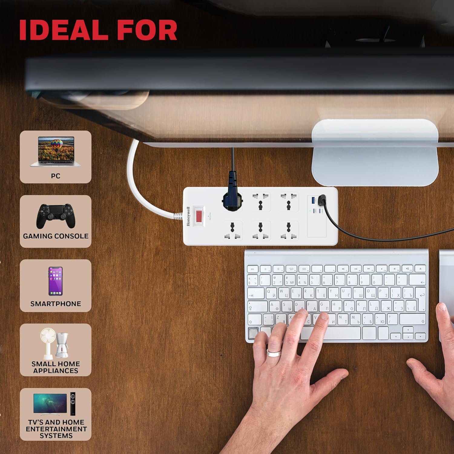 Honeywell HC000050/SRG/1.8M/WHT/6/2U/PD25W 6 Outlet Surge Protector White Extension Board With 2xType C With PD & 2xUSB - Image 6