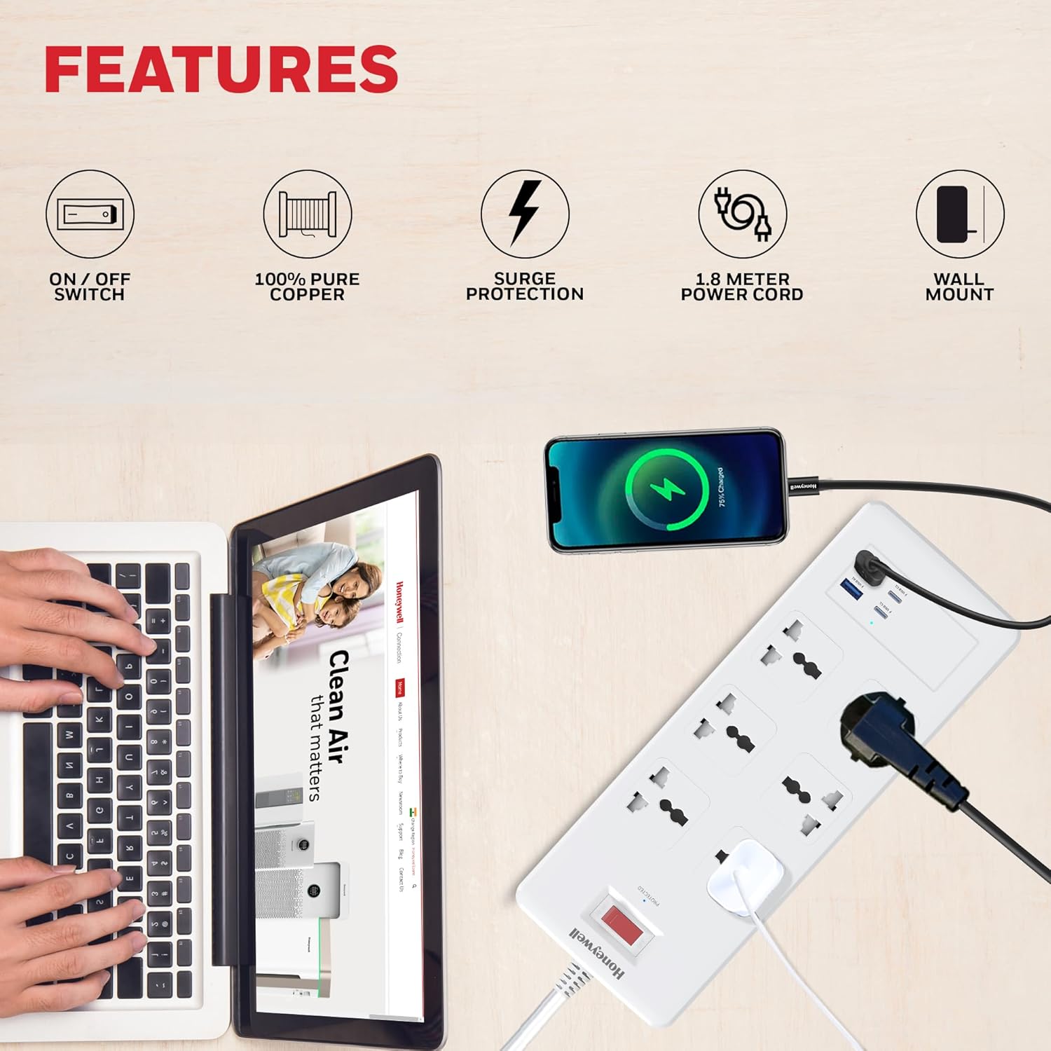 Honeywell HC000050/SRG/1.8M/WHT/6/2U/PD25W 6 Outlet Surge Protector White Extension Board With 2xType C With PD & 2xUSB - Image 7