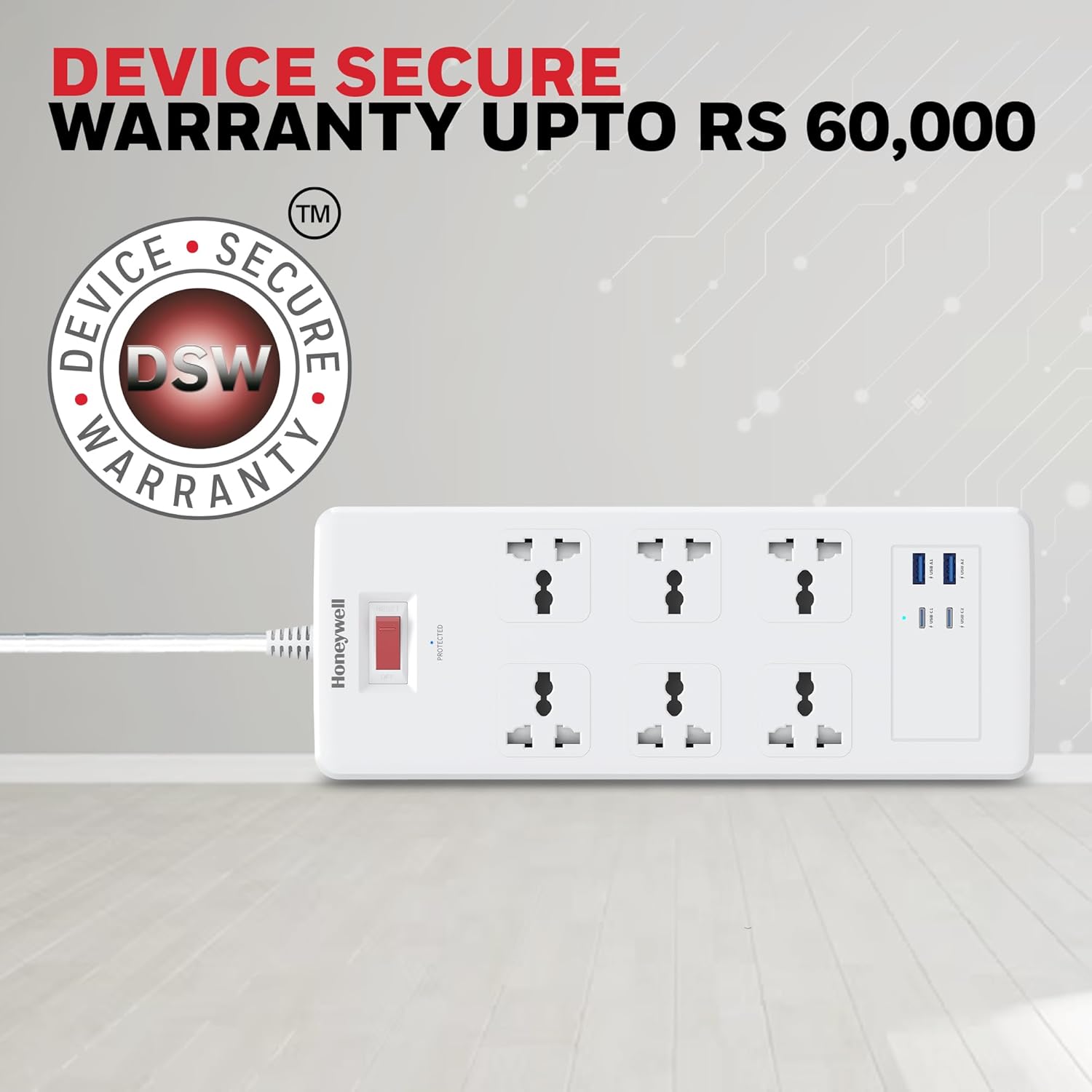 Honeywell HC000050/SRG/1.8M/WHT/6/2U/PD25W 6 Outlet Surge Protector White Extension Board With 2xType C With PD & 2xUSB - Image 8
