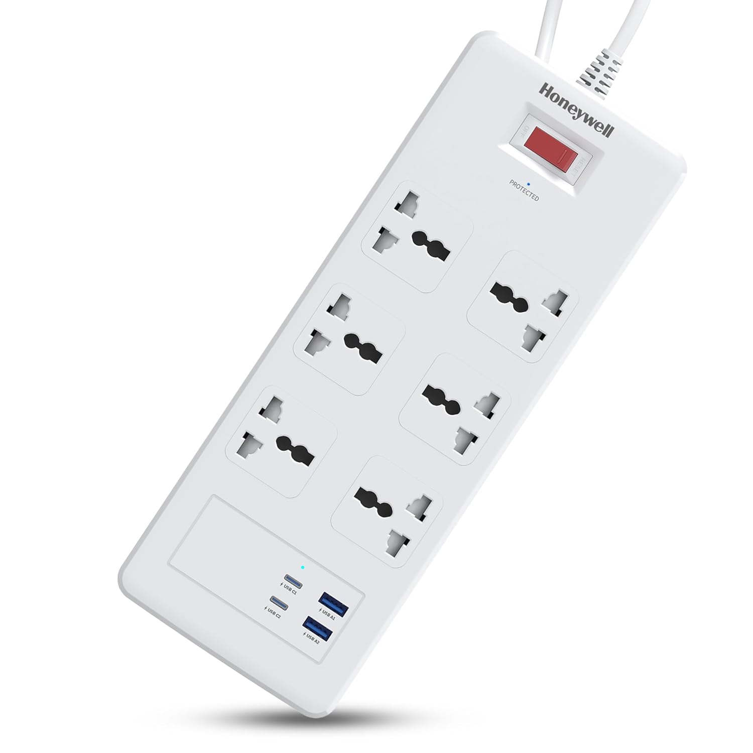 Honeywell HC000050/SRG/1.8M/WHT/6/2U/PD25W 6 Outlet Surge Protector White Extension Board With 2xType C With PD & 2xUSB