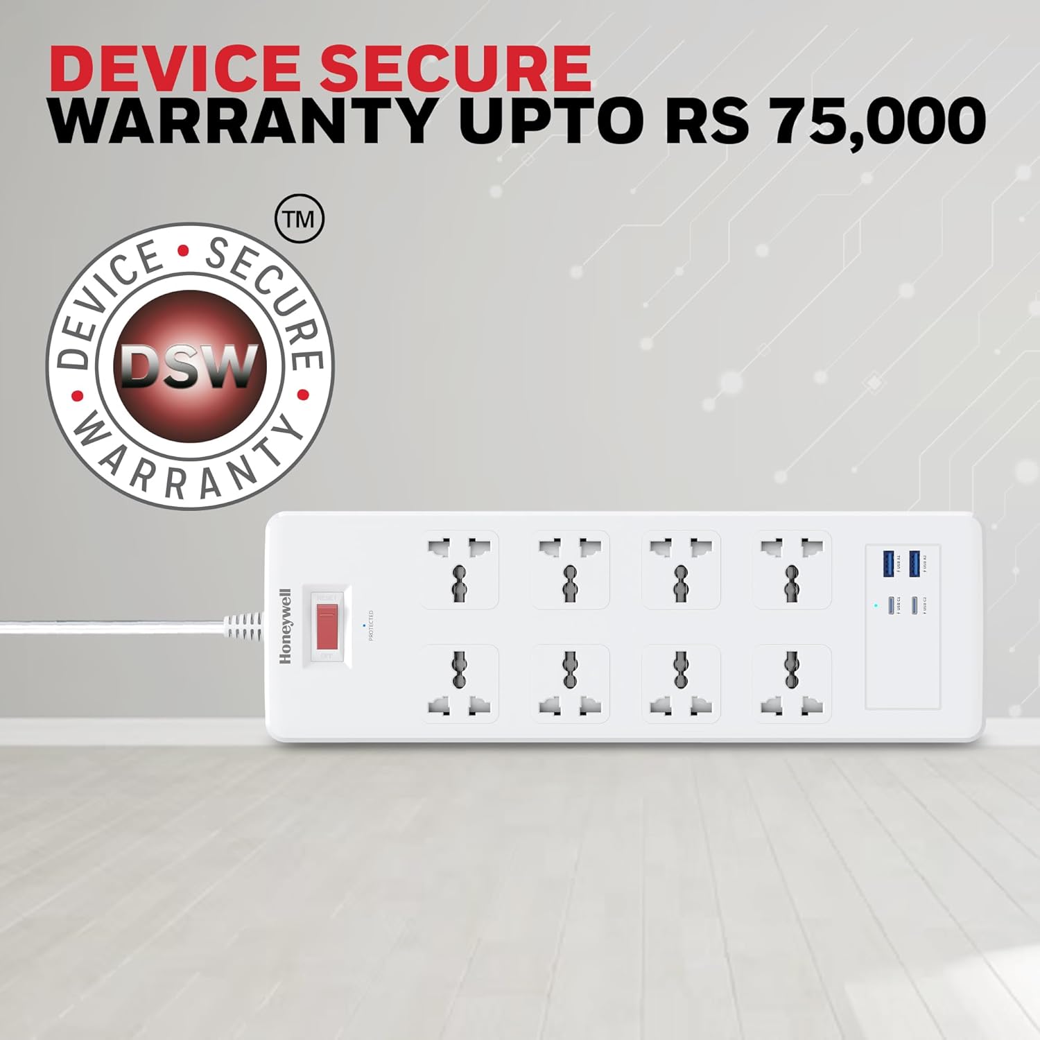 Honeywell HC000055/SRG/1.8M/WHT/8/2U/PD25W 8 Outlet Surge Protector White Extension Board With 2 Type C With PD & 2 USB - Image 8