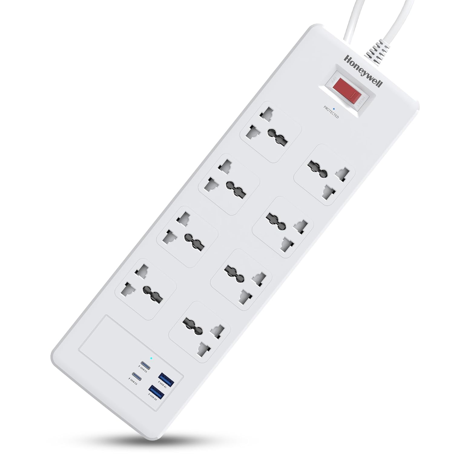 Honeywell HC000055/SRG/1.8M/WHT/8/2U/PD25W 8 Outlet Surge Protector White Extension Board With 2 Type C With PD & 2 USB