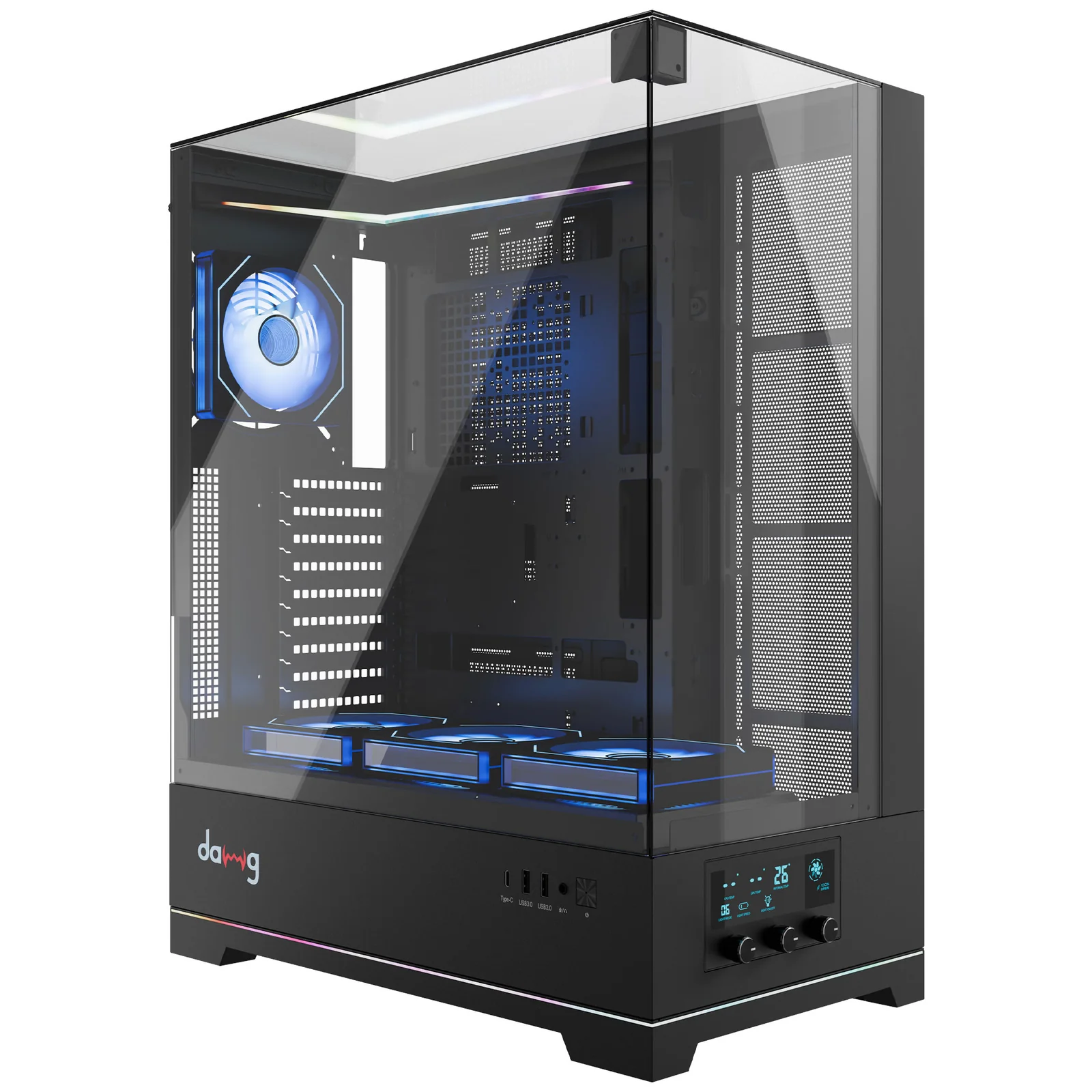 Dawg Y 907 ARGB Black E-ATX Full Tower 3 Side Seamless Tempered Glass Panel PC Case With Pre Installed ARGB Fans