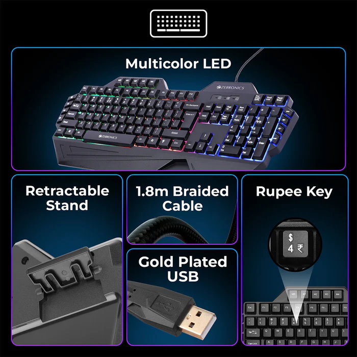 Zebronics Optimus Wired Combo Gold Plated USB Multi Color LED Braided Cable Black Premium Gaming Keyboard and Mouse Combo ( Zeb-KMC 2 ) - Image 4