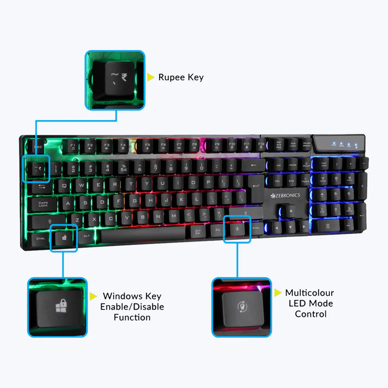 Zebronics Zeb War Wired Gold plated USB Braided Cable Multi color LED Premium Gaming Keyboard and Mouse Combo - Image 3