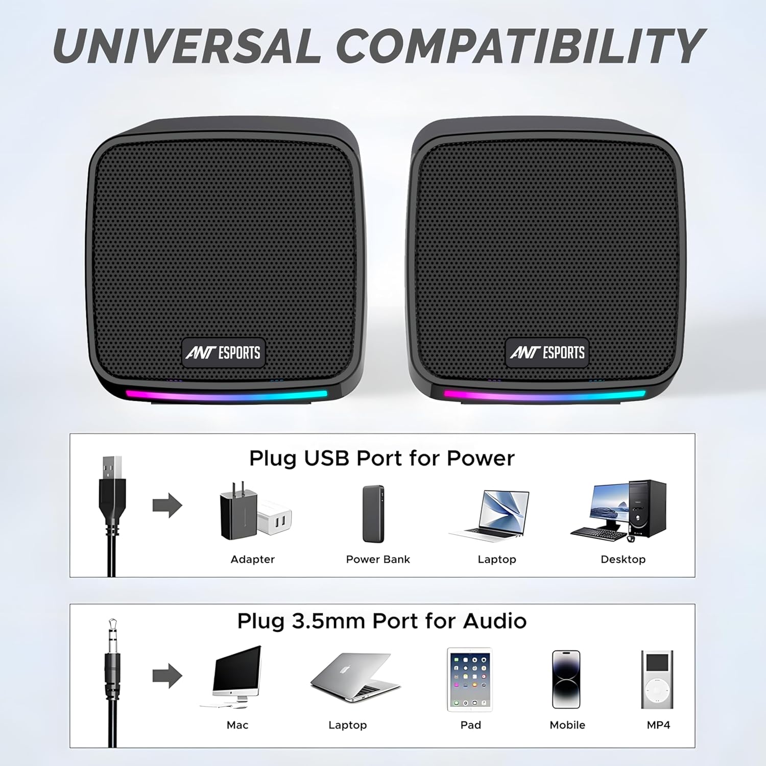 Ant Esports GS195 10Watts USB-Powered 3.5mm AUX Colorful RGB Lighting 2.0 Multimedia Black Laptop, Desktop Speakers ( AEPP0316 ) - Image 5