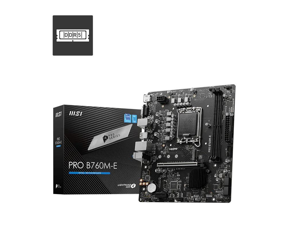 MSI PRO B760M-E mATX Motherboards ( Intel LGA 1700 Socket, Supports Intel Core 14th, 13th, 12th Gen Processors, Intel Pentium Gold and Celeron Processors, 2x DDR5 RAM Slots, Max 128GB RAM Support )