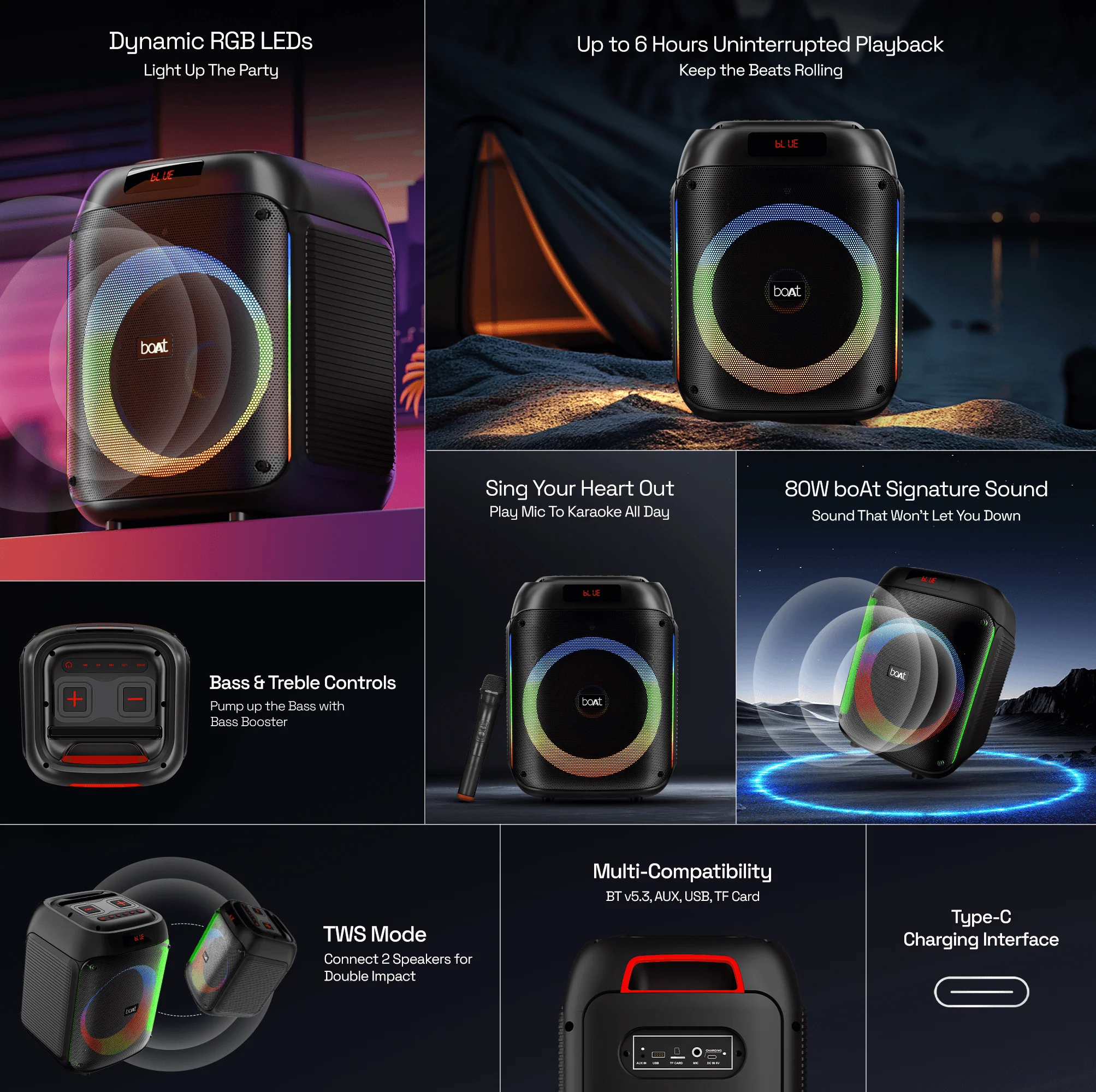 boAt Party Pal 220 Midnight Black Bluetooth 80W boAt Signature Sound Speaker - Image 2