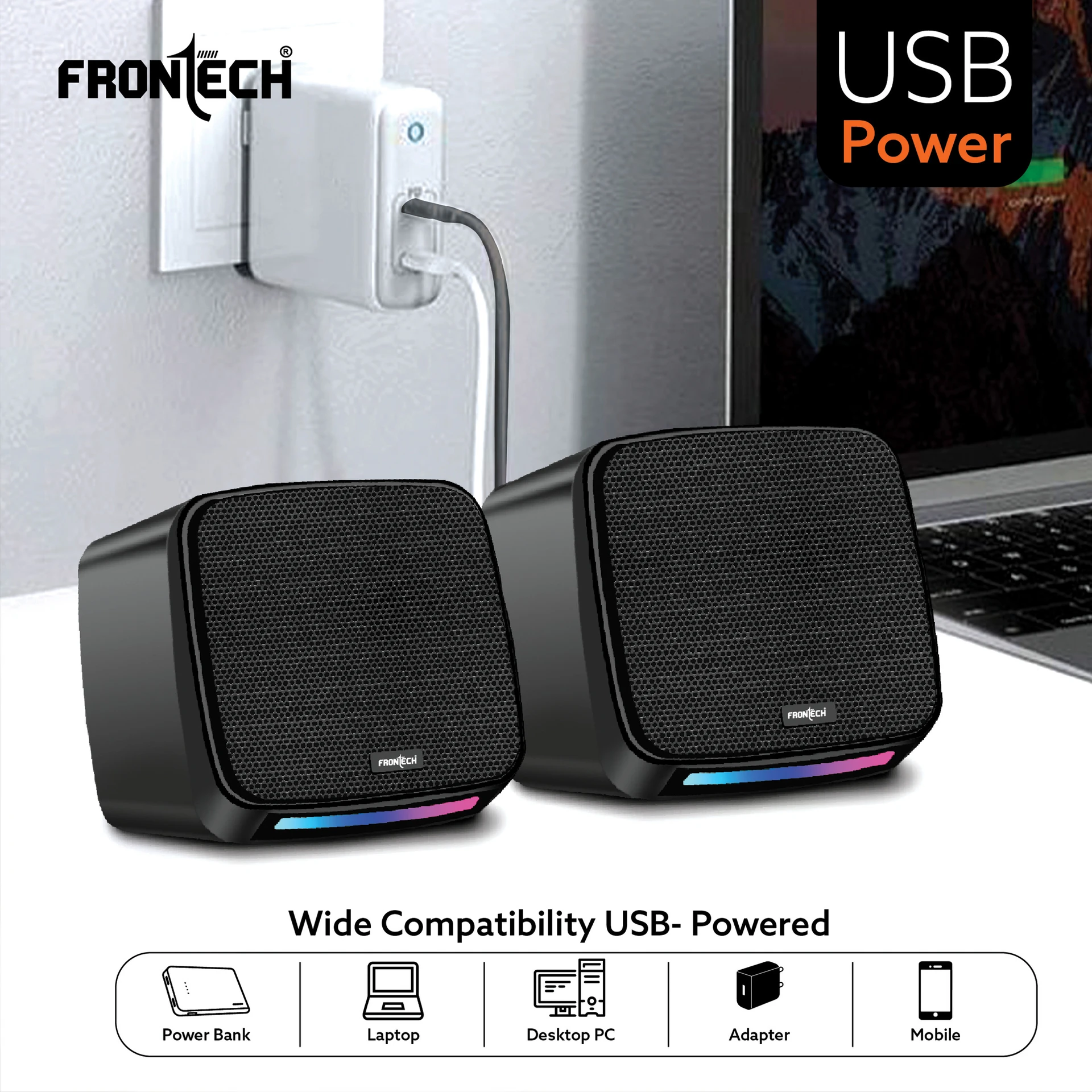 Frontech SPK-0007 6W USB-Powered 3.5mm AUX RGB Lights 2.0 Multimedia Black Laptop, Desktop Speakers - Image 3